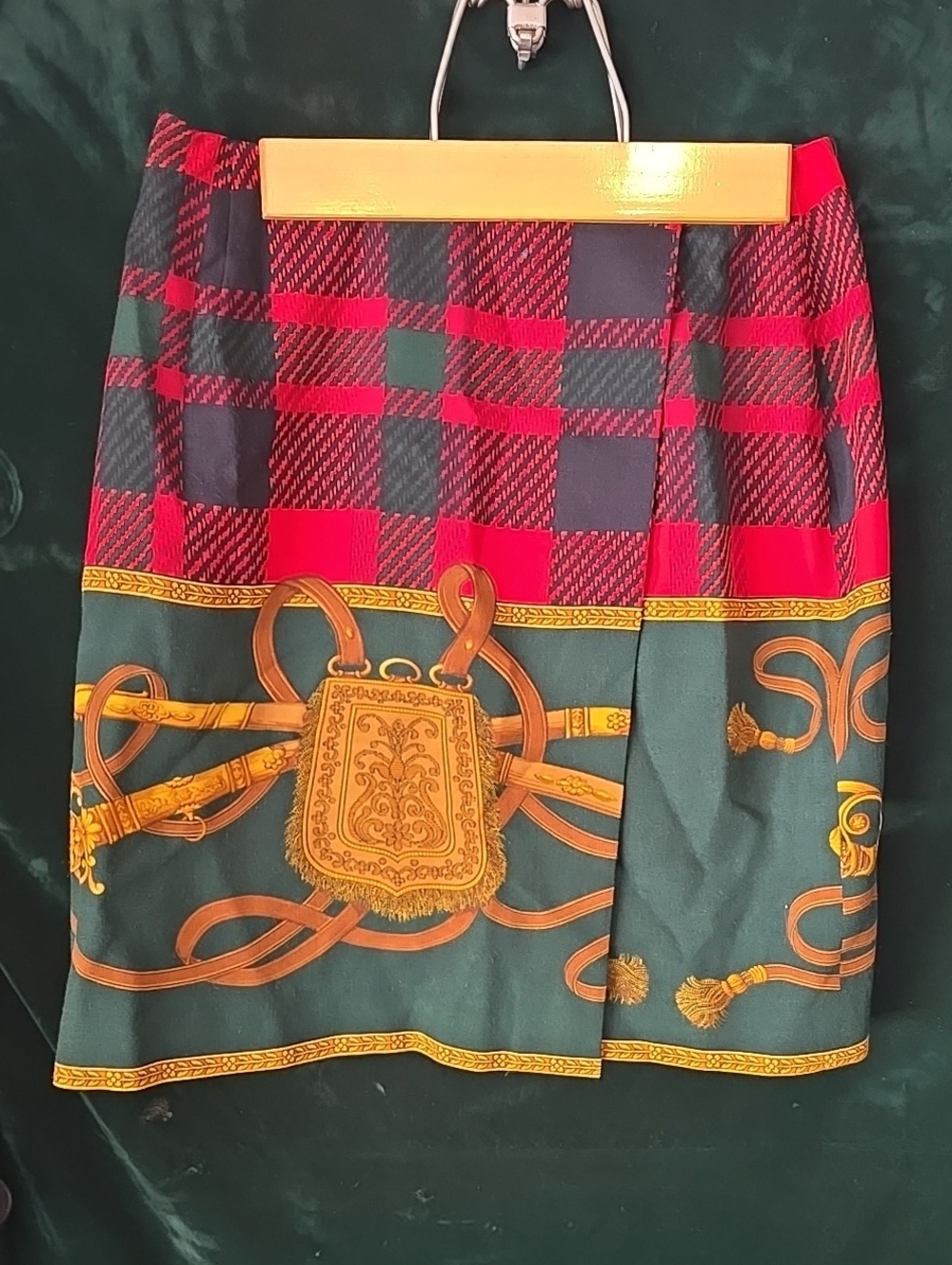 Ann Taylor Red and Green Plaid Midi Skirt with Gold Equestrian Border